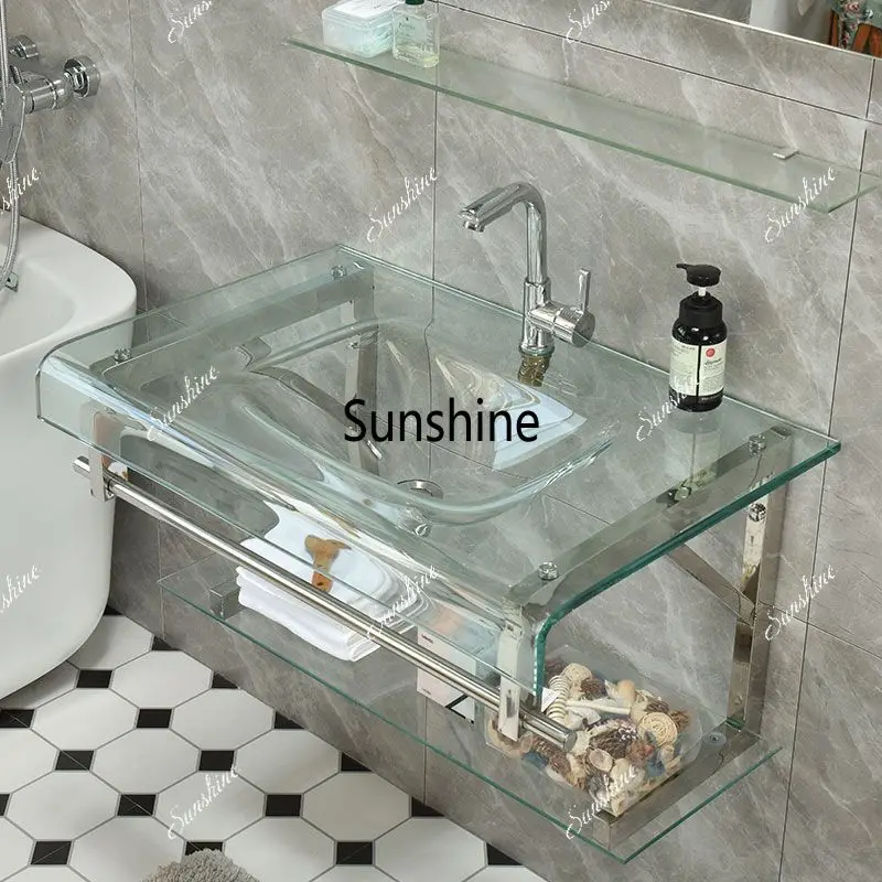 Bathroom tempered glass wash basin, balcony wall-mounted bathroom cabinet, small apartment