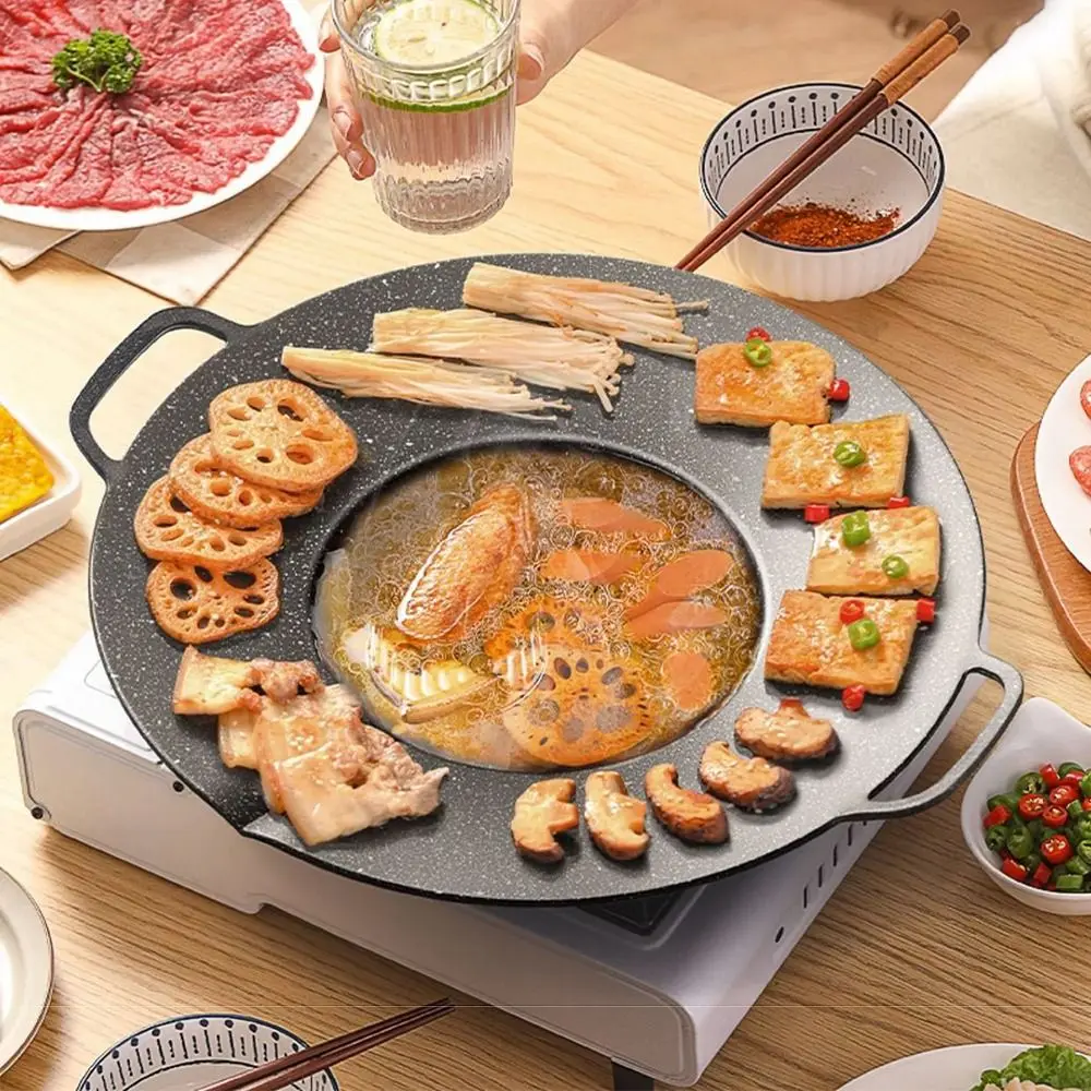 

Convenient Round Shape Griddle Pan Aluminum Alloy Thicken Frying Pan with Handles Concave Design Nonstick Deep Baking Tray Grill
