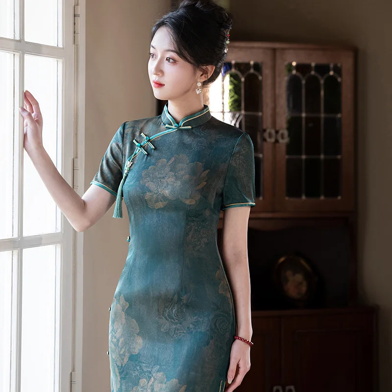 Yourqipao Summer Chinese Style Imitation Acetic Acid Printed Cheongsam Long Modified Slim Retro Qipao Evening Dress for Women