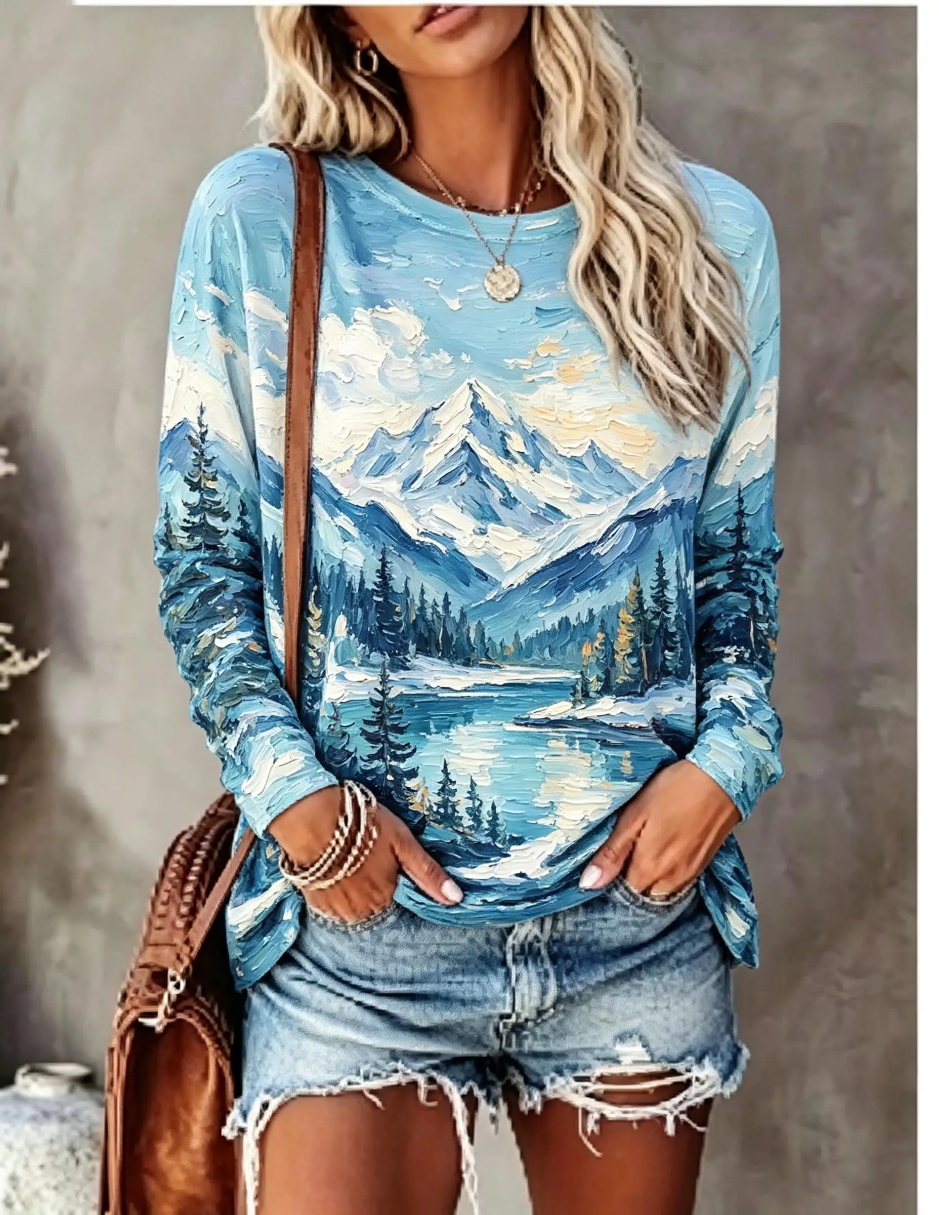 Women Long Sleeve T‑Shirt Oil Painting Mountain Forest Lake Landscape Print Crew Neck Casual Tops