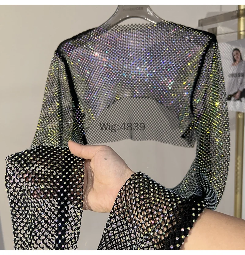 Sexy Women Coloured Diamond Crop Top Mesh Diamond Outerwear Sun-protective Long-sleeve Shirt Lady Glittery Party Shirt Nightclub - view 3