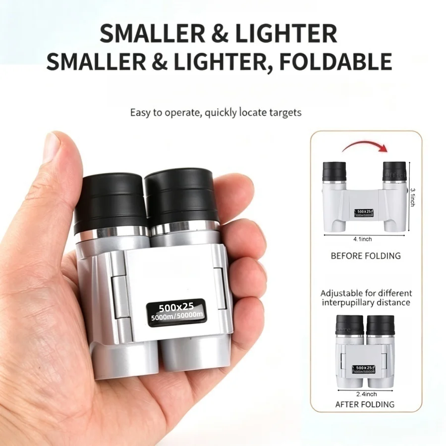 Folding Mini HD Binoculars High-Power Optical with BAK4 Prism FMC Multi-Coated Lenses Low-Light Performance for Sports Camping