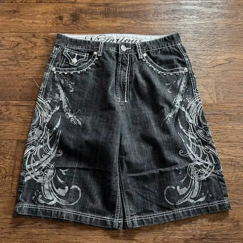 American Vintage Popular New Pattern Embroidery Baggy Denim Shorts Men Street Fashion Gothic Casual Joker Shorts Women Clothing - Image 5