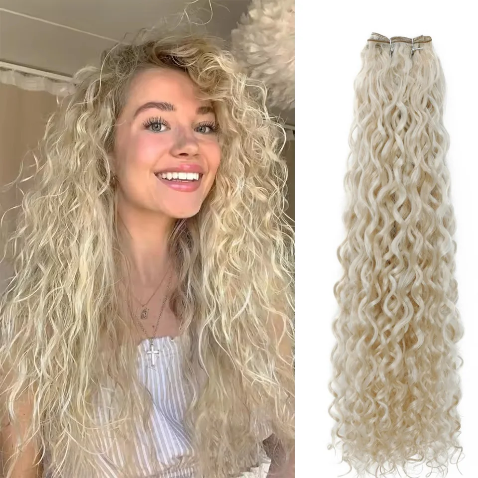 حزم اللون الأشقر وصلات شعر صناعية 20 بوصة حزم موجة المياه ملحقات لجميع المواسم ارتفاع درجة الحرارة الألياف