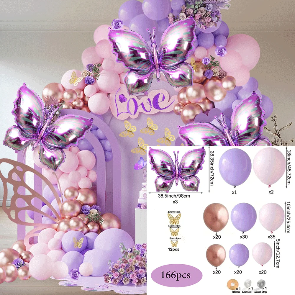 166Pc Butterfly Balloon Set Garland Arch Purple Butterfly Girl Birthday Party Supplies Macar Pink Baby Shower Wedding Decoration