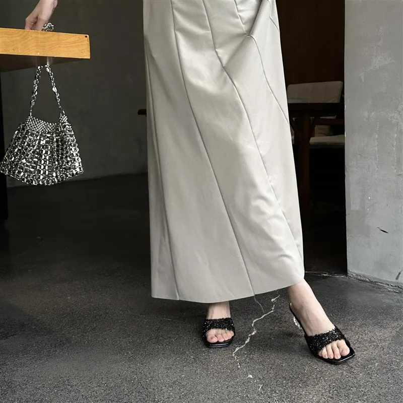 

Summer 2025 Womens Transparent Rhinestone Square Toe High Heel Faionable Commute Sle Cone Heel Other Uppers