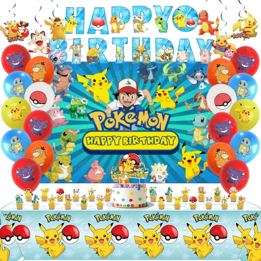 65Pcs Pokemon Birthday Decoration Party Supplies Set Include Balloon Banner Backdrop Hanging Swirl Table Cover for Kids Gift Toy