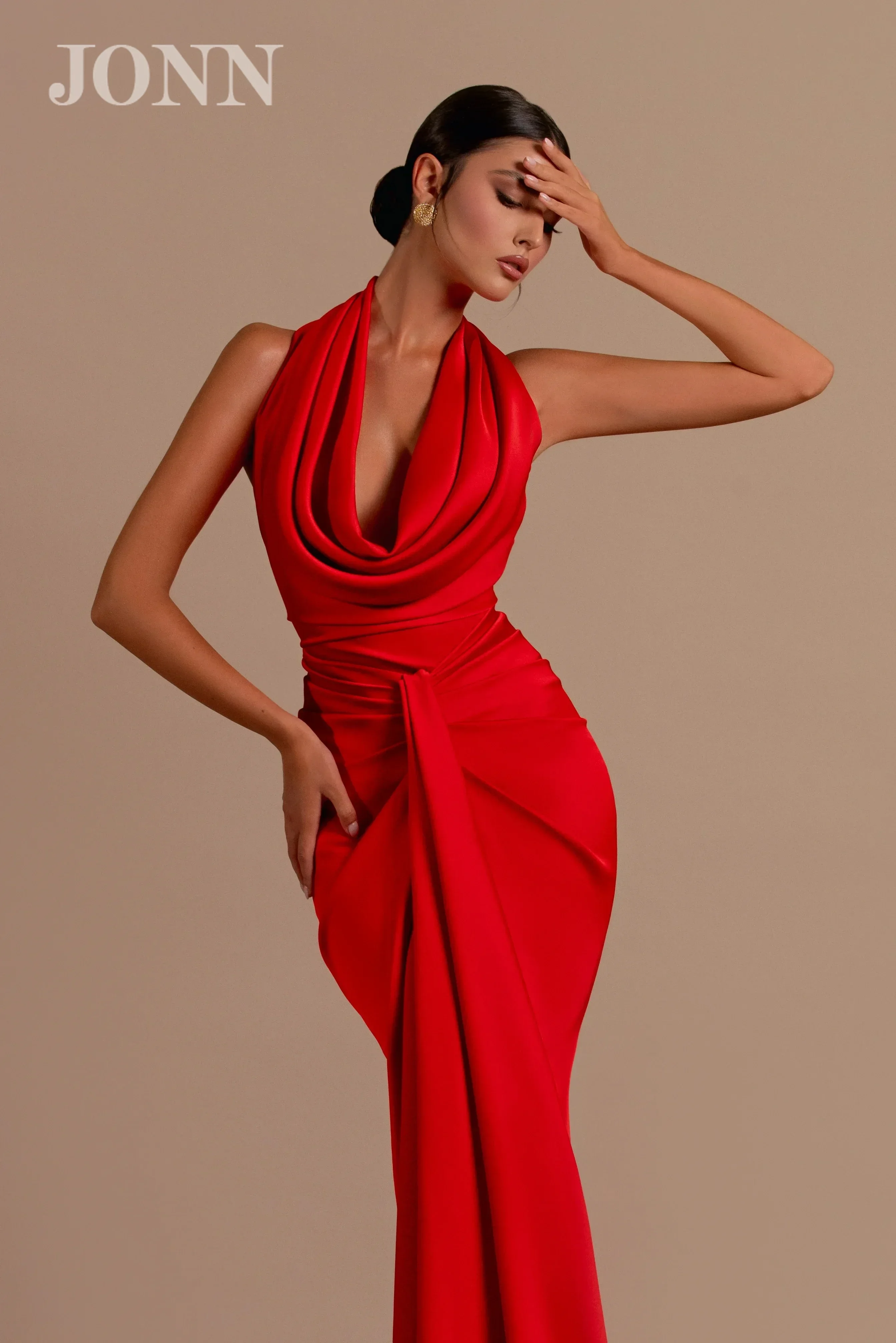 

JONN 2024 Summer Sexy Halter V Neck Sleeveless Draped Red Satin Maxi Long Gown for Women Cocktail Party Dresses