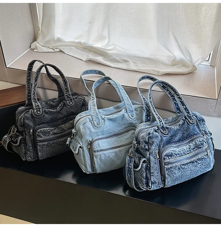 Multi Pockets Denim Big Size Top-handle Handbag 2026 Unisex Teenager Student Casual Korean Street Fabric Y2K School Shoulder Bag