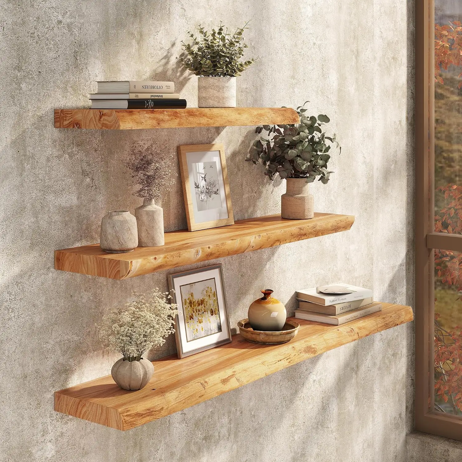 Floating Shelves 24 Inch Set 2 Solid Elm Wood Natural Live Edge Heavy Duty Hidden Brackets Zero Sag Space Saving Wall Decor Livi