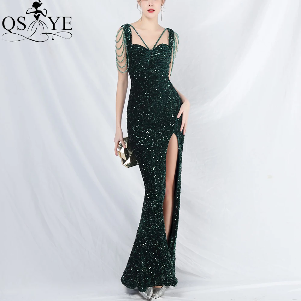 

Sequined Velvet Green Prom Dresses Beading Sleeves Halter neck Velvet Party Gown Ruched Bodice Open Split Emerald Evening Dress