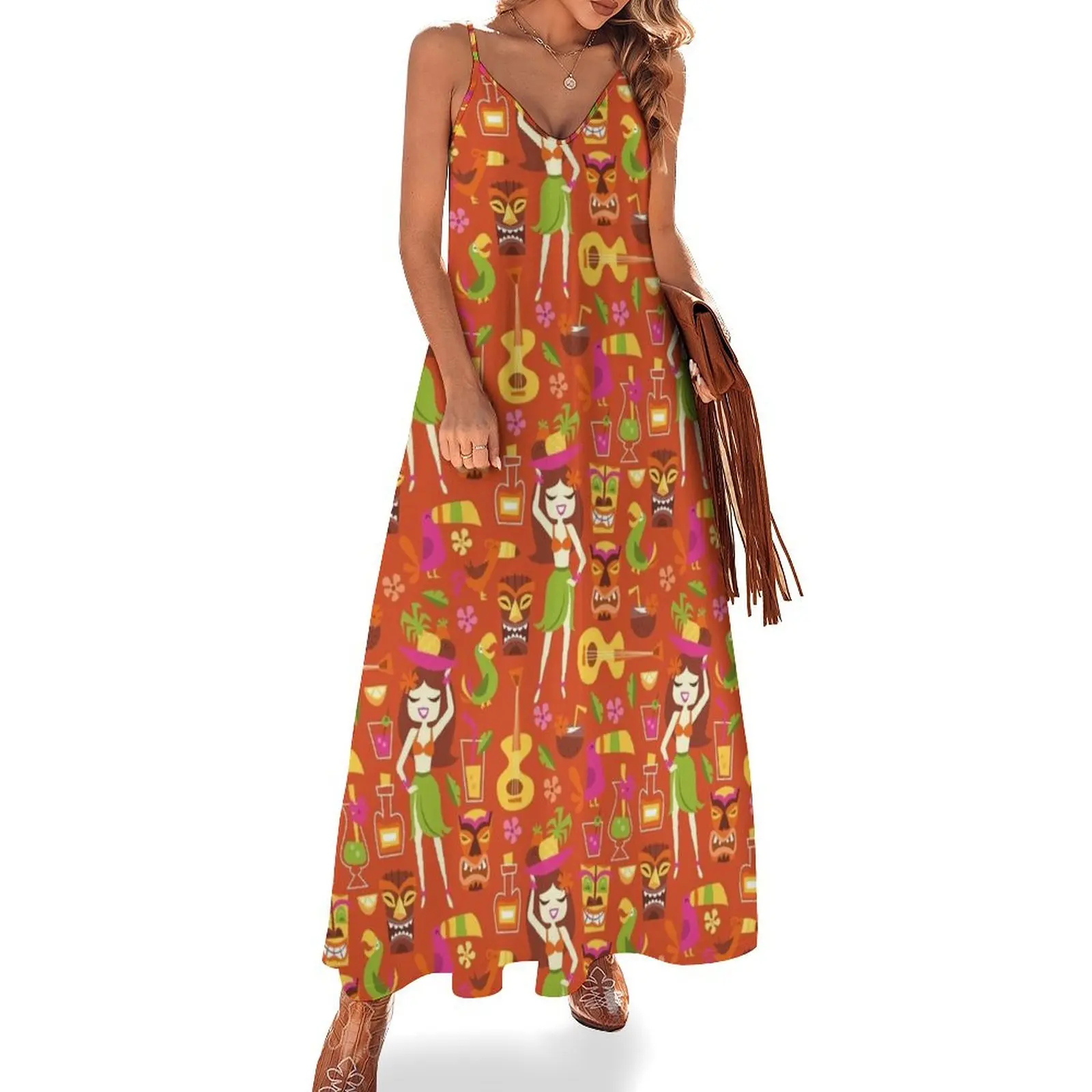 

Mid Century Modern MCM Polynesian Tiki Hula Luau Girls Orange Sleeveless Dress Women's dress women's summer dresses 2025