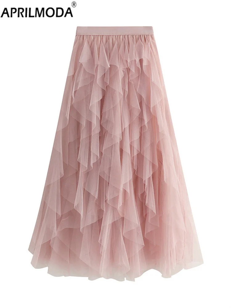 2025 Mesh Cake Midi Langer Damen-Tutu-Tüll-Maxirock Elegante Prinzessin Solide Rosa Schwarz Weiß Braun Faltenröcke mit hoher Taille
