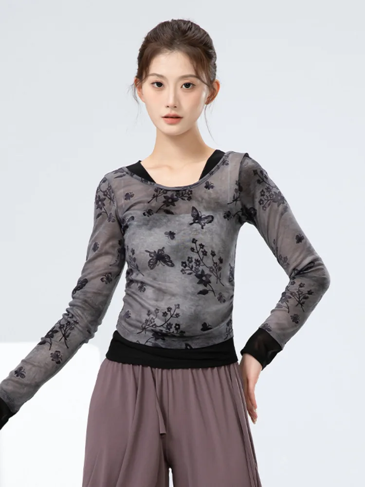 Top da ballo slim fit a maniche lunghe in rete con collo quadrato tie-dye – Camicia moderna per spettacoli teatrali con pannelli trasparenti da donna