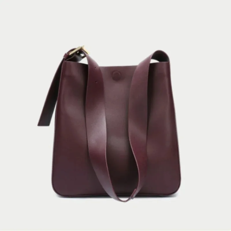 Women's Genuine Leather Shoulder Bag Solid Color Minimalist Casual Versatile Crossboday Bags Soft Cowhide Wide Belt Bucket Bag