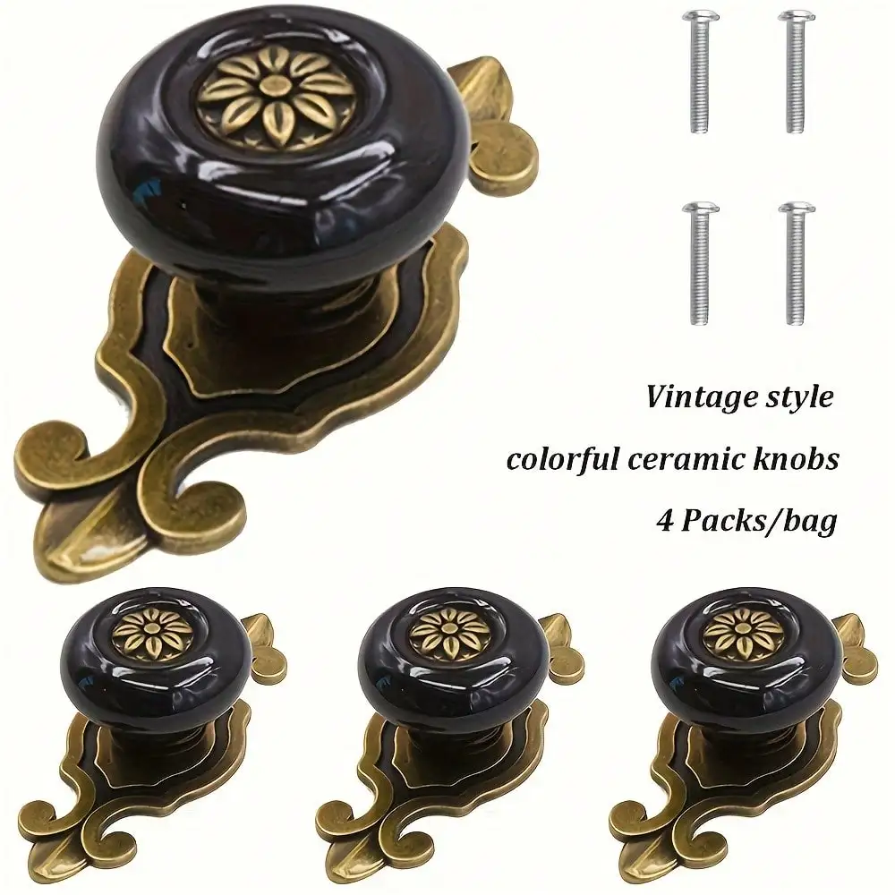 مجموعة من 4 مقابض سيراميك عتيقة، مقابض خزانة بتلات المطبخ الأنيقة، لوحة خلفية بقاعدة من سبائك الزنك، درج خزانة الملابس #1