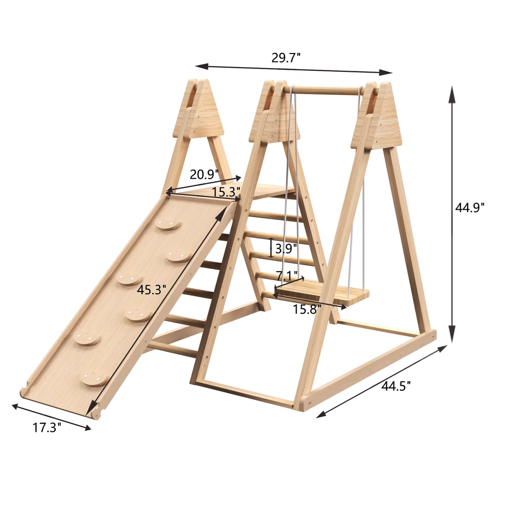 4-in-1 Juniper Indoor Play Gym Speelset met babyschommel Ladder Klimmuur Opvouwbare houten speelset Indoor Jungle Gym voor kinderen