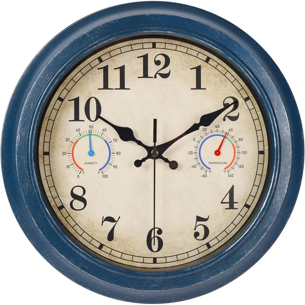 12 Inch Weather Station Clock, Thermometer & Hygrometer Combo for Outdoor or Indoor Use - Blue