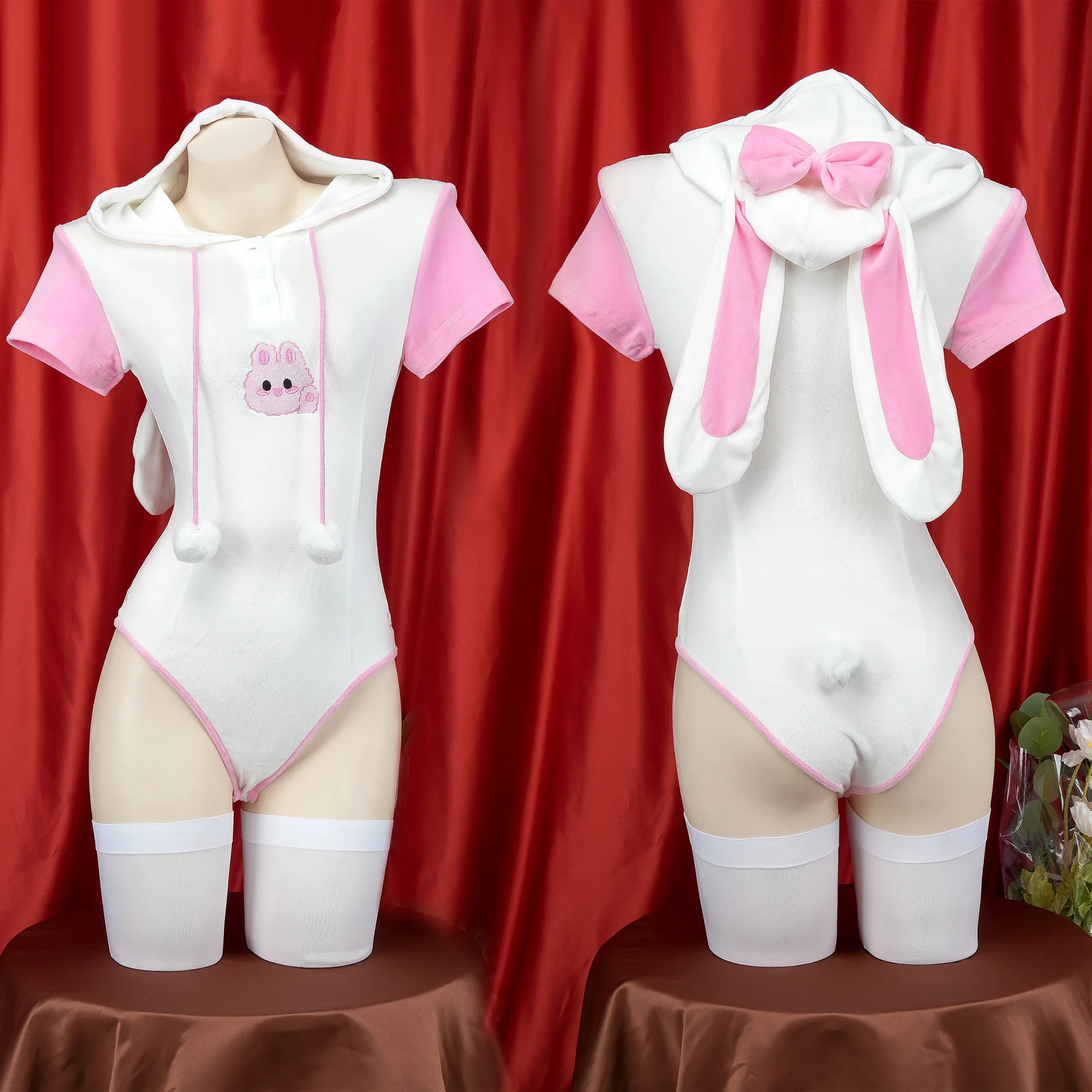 Anime Konijnenmeisje Cosplay Kostuum Vrouwen Kawaii Sexy Pluche Hoodie Bodysuit Schattige Konijnenoren Pyjama Met Korte Mouwen Halloween Clohtes