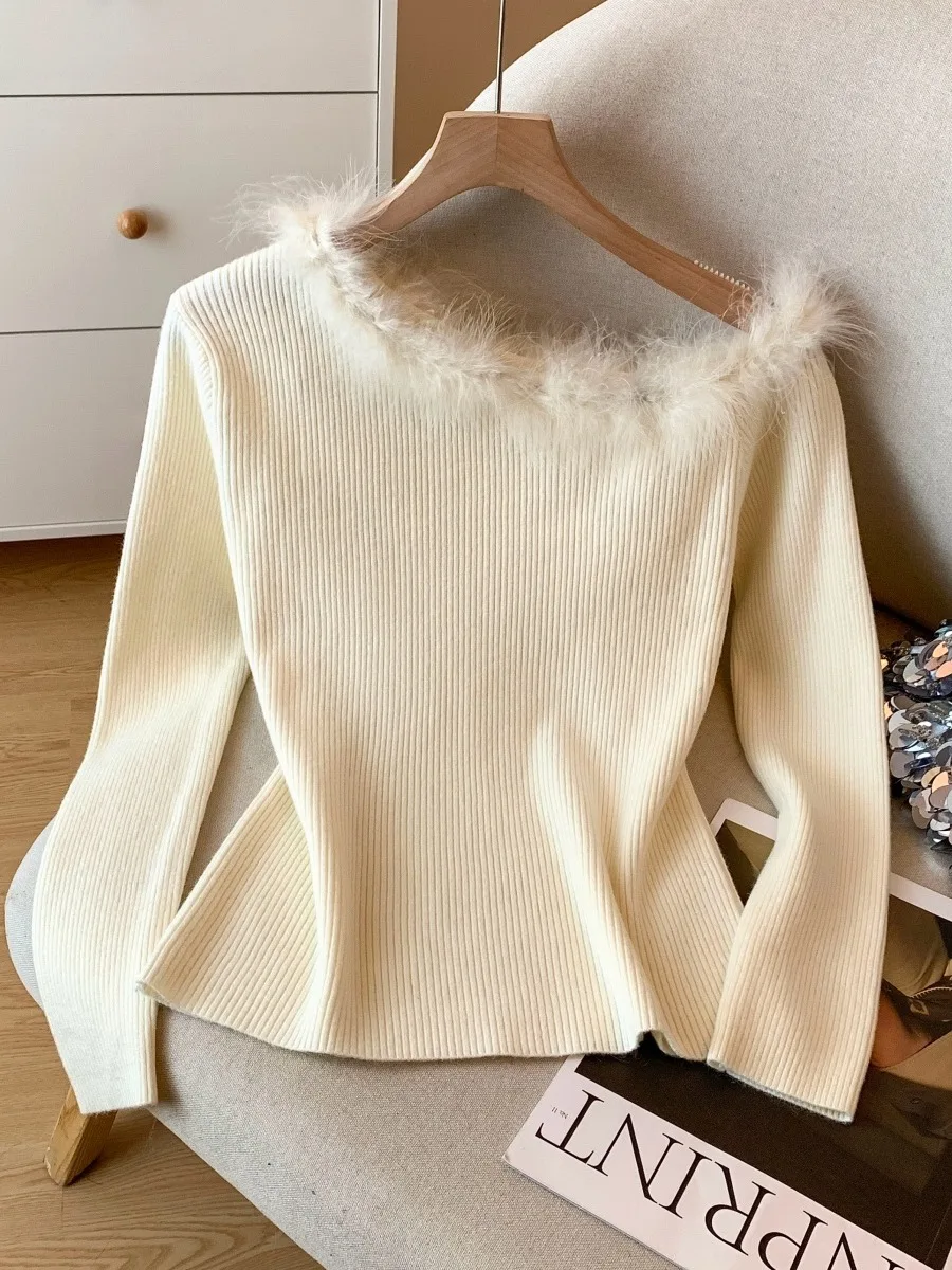 Herbst Winter Damen Gestrickte Lange Sve Oulder Bared Faion High End Kleine Luxus Tonfarbe Blo Strickwaren Pendeln Sle