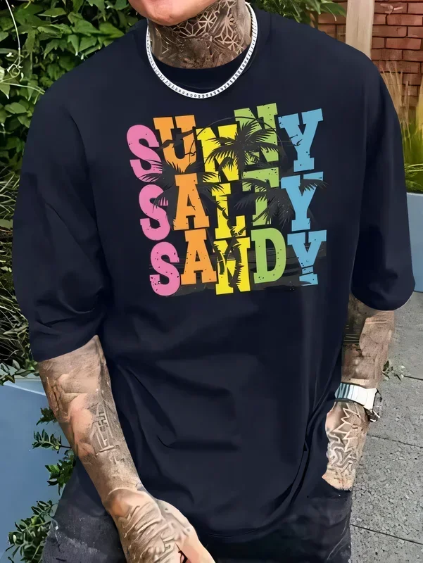 Sunny Salty Sandy Graphic T-Shirt Beach Vibes Colorful Palm Tree Lettering Print Summer Short Sleeve Cotton Casual Streetwear