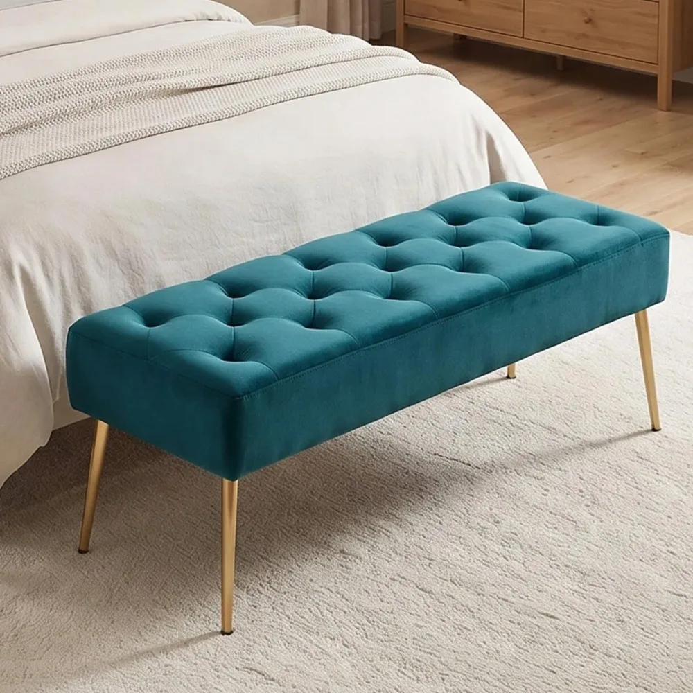 Modern Velvet Bench Ottoman, Upholstered Bedroom Benches Footrest Stool Button-Tufted Table Bench Dining Bench with