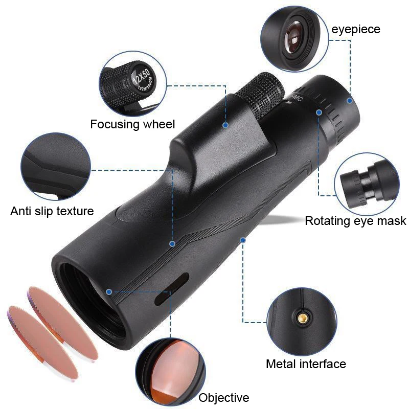 Weitwinkel 12x52 Leistungsstarkes ED-Monokular-Teleskop Premium extra geringe Streuung Nebelsicheres BAK4-Monokel mit großer Reichweite für Jagd und Wandern – Detail 11