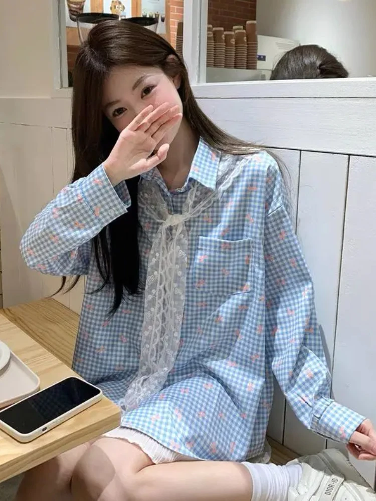 

Розовые клетчатые рубашки с длинными рукавами и принтом банта, женские осенние свободные кружевные топы с шалью, Mujer, повседневная универсальная блузка