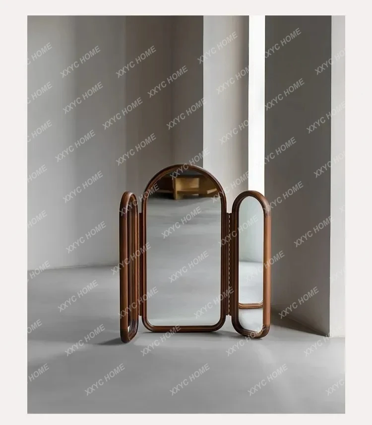 QQ MDL  Retro Solid Wood Three-sided Silver Mirror Folds Freely And Adjusts The Angle, Can Be Placed And Can Be Wall
