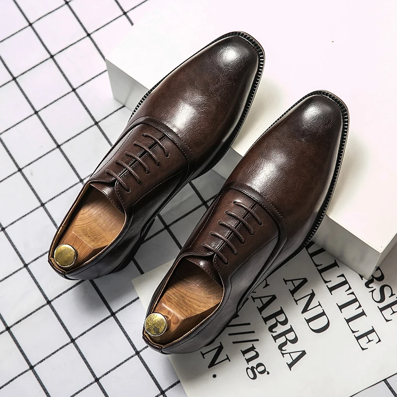 

YUYIN Men's Business Casual Shoes Distressed Wood Grain Square Toe Leather Derby Comfortable Office Wear Formal Dress Shoes