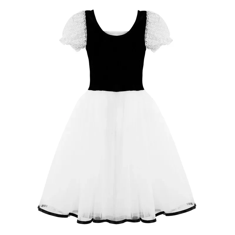 Bambini ragazze romantico Tutu Giselle danza classica costumi maniche corte a bolle velluto maglia pizzo Ballerina ginnastica body Dress