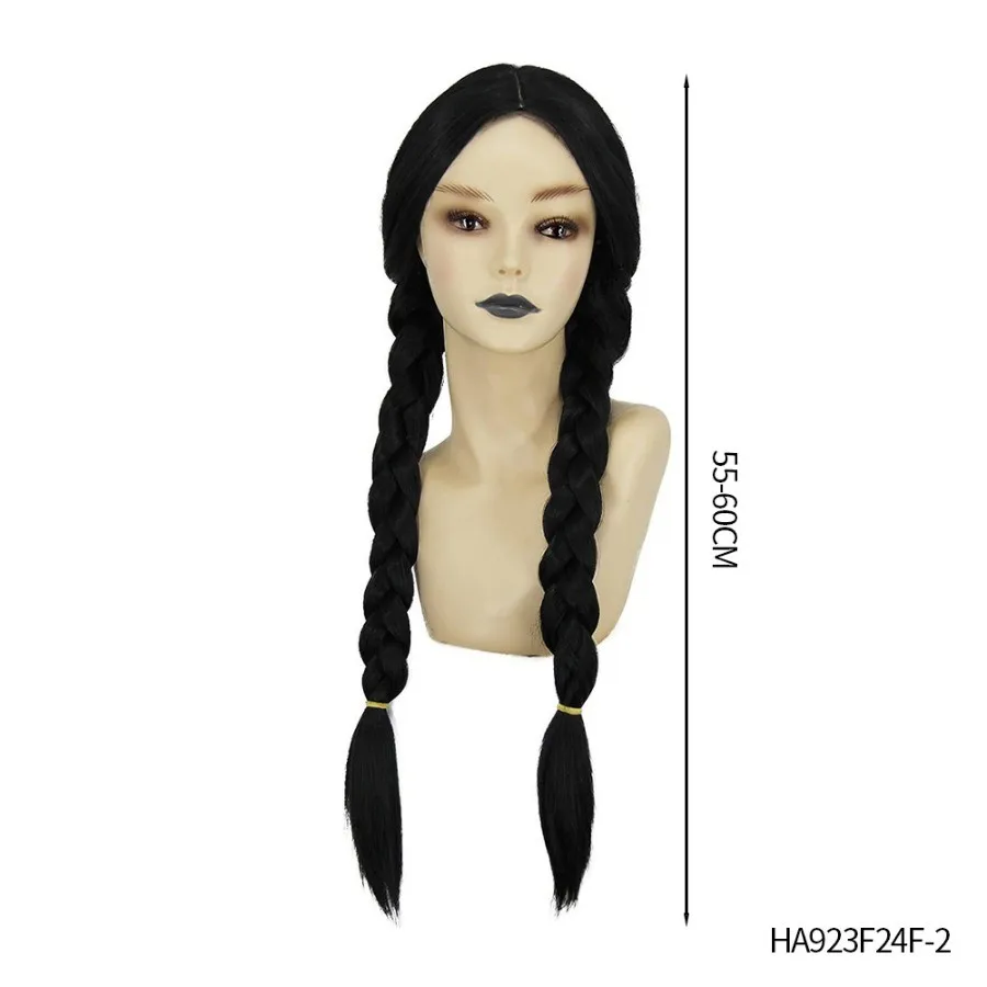 PESENAR 조정 가능한 긴 검은 직선 땋은 가발 할로윈 의상, 수요일 의상 가발 머리 어린이 소녀 코스프레 파티