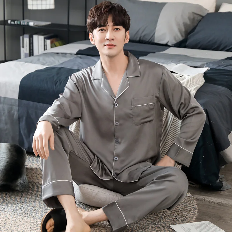 Men's 2 Piece Pajama Set Striped Print Pijama Faux Silk Satin Pyjama Male Sleepwear Long Sleeve Lapel Shirt Pants Suits Homewear