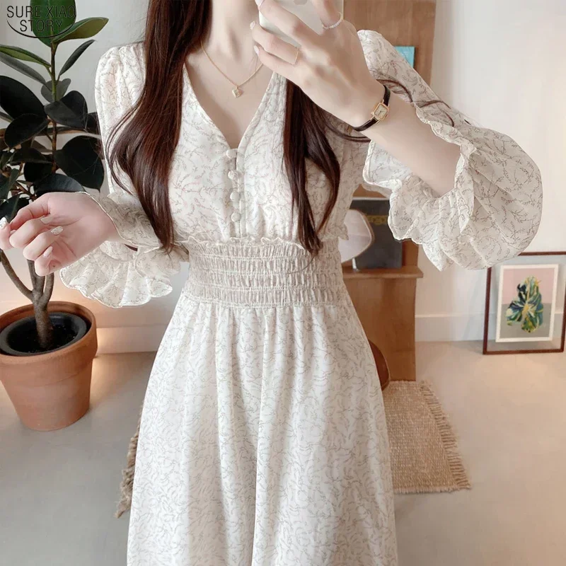 2024 Spring Fashion Casual Vintage Women Dress Elegant Floral V-neck Midi Chiffon Dress Lady Long Sleeve Women Dresses Vestido