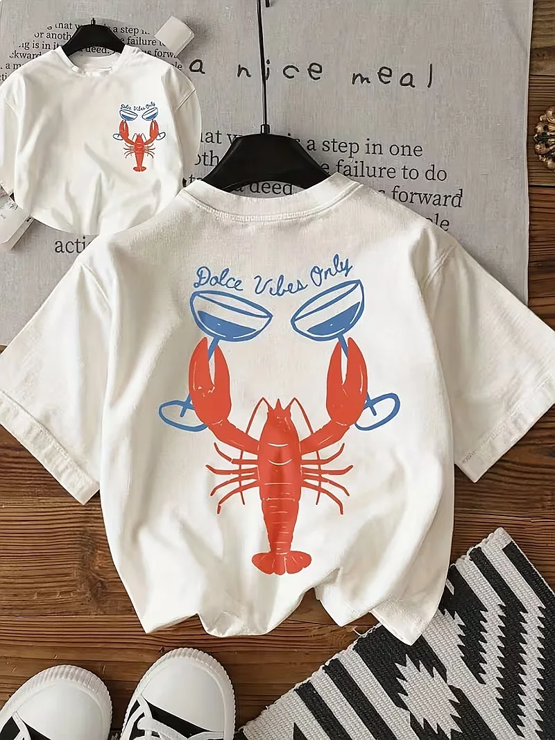 Casual Summer Y2K Women Short Sleeve T-Shirt Playful Lobster Unique Graphic Print Top