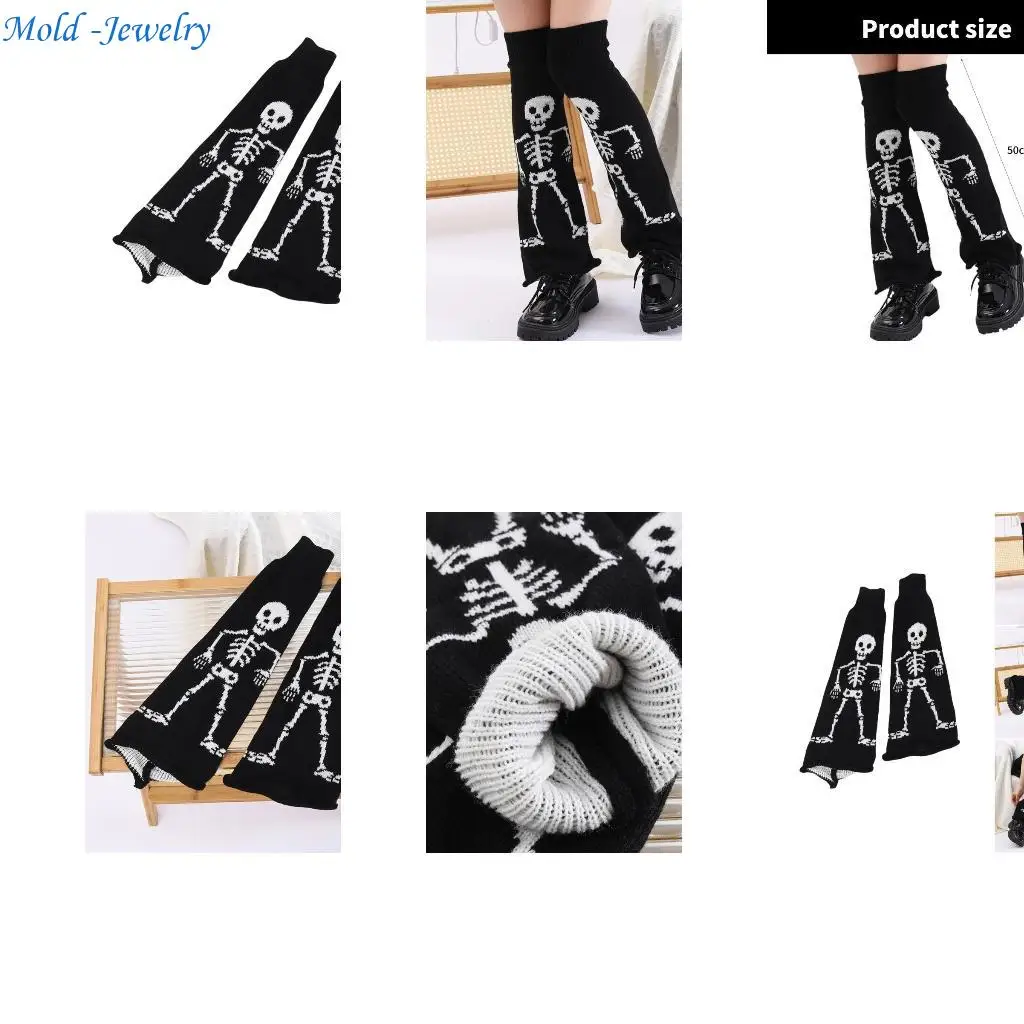 

69HB Women Gothic Skull Skeleton Leg Warmer Harajuku Knitted Flared Leg Cover Socks
