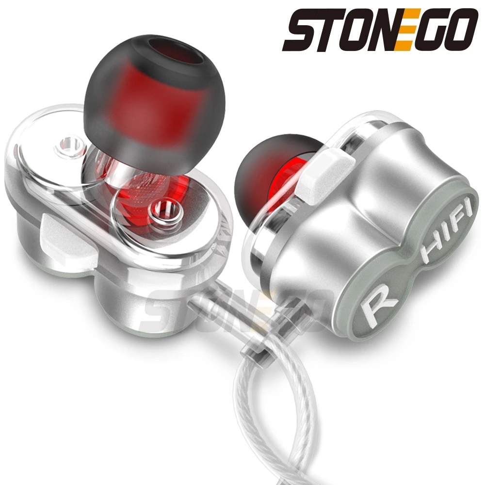 STONEGO  3.5mm Jack Dual Driver In-Ear Earbuds Earphones Sports Dynamic Headphones Hands-Free Microphone Extra Stereo Bass