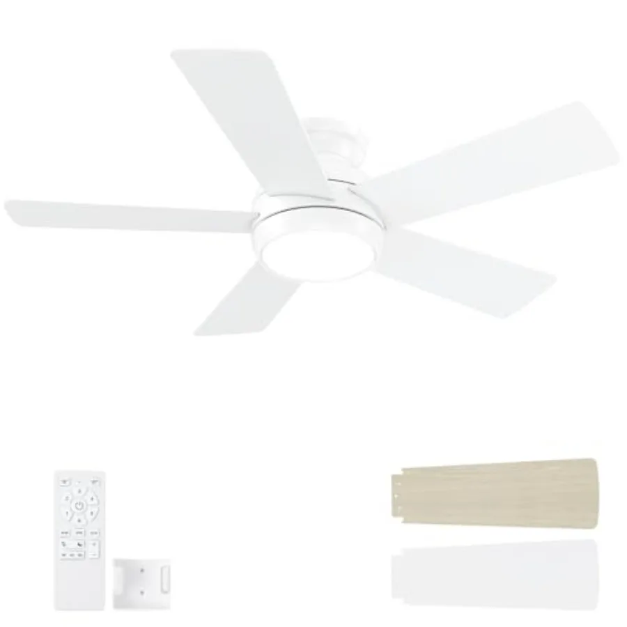 

42 Inch White Ceiling Fan with LED Light and Remote for Bedroom, Living Room, Patio: Low Profile Flush Mount, Quiet DC Motor, 5