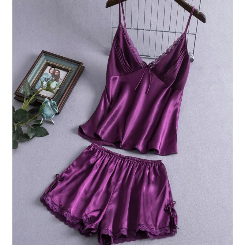 

Women's Sexy Pajamas Set Sleeveless Top And Shorts Sleepwear 2 Piece Set For Women Casual Satin Silk Homewear With Bra