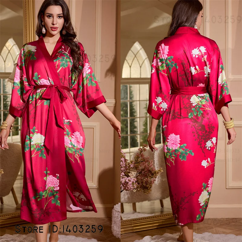 Female Long Robe Loungewear Elegant Chinese Style Kimono Bathrobe Gown Negligee New Silky Satin Sleepwear Nightgown Loose Pajama image 3