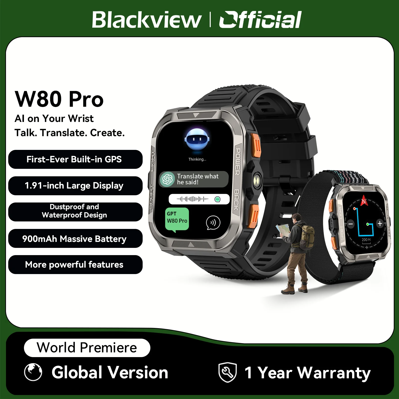 

[Мировая премьера] Прочные умные часы Blackview W80 PRO для улицы, умные часы с GPS-позицией, дисплей 1,91 дюйма, 900 мАч с фонариком