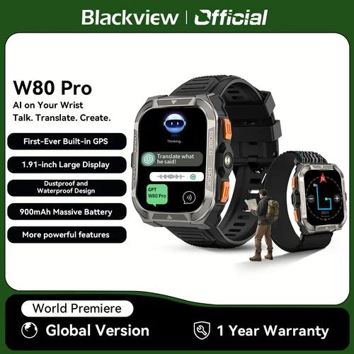 [Estreno mundial] Reloj inteligente resistente para exteriores Blackview W80 PRO, reloj inteligente con posición GPS, pantalla de 1,91 pulgadas, 900 mAh con linterna