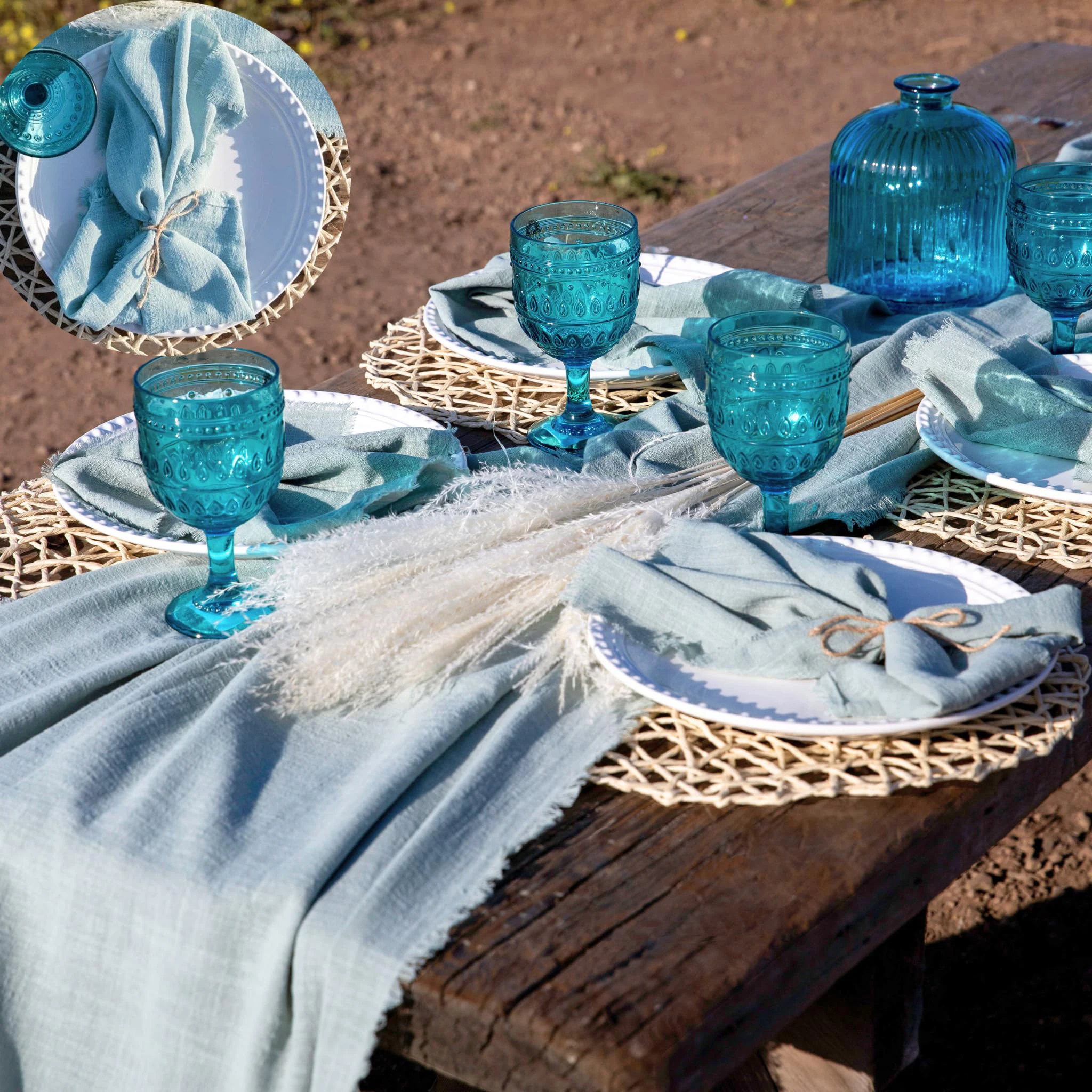 Rustic Gauze Table Runners Light blue Cotton Dining table Retro Burr Texture Vintage Home Christmas Party Wedding Decoration