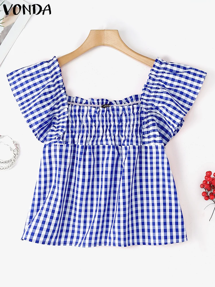 

VONDA Women Summer Blouse 2025 Bohemian Short Sleeve Ruffled Tops Vintage Plaid Blusas Femininas Casual Loose Pleated Shirts