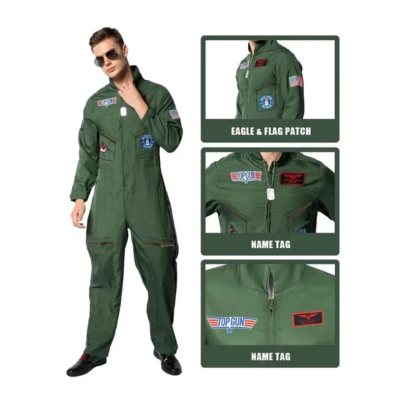 Uniforme Cosplay da Força Aérea Americana Masculino, Trajes de Halloween Macacão Verde Exército, Piloto Militar, Astronauta, Halloween, Filme Top Gun