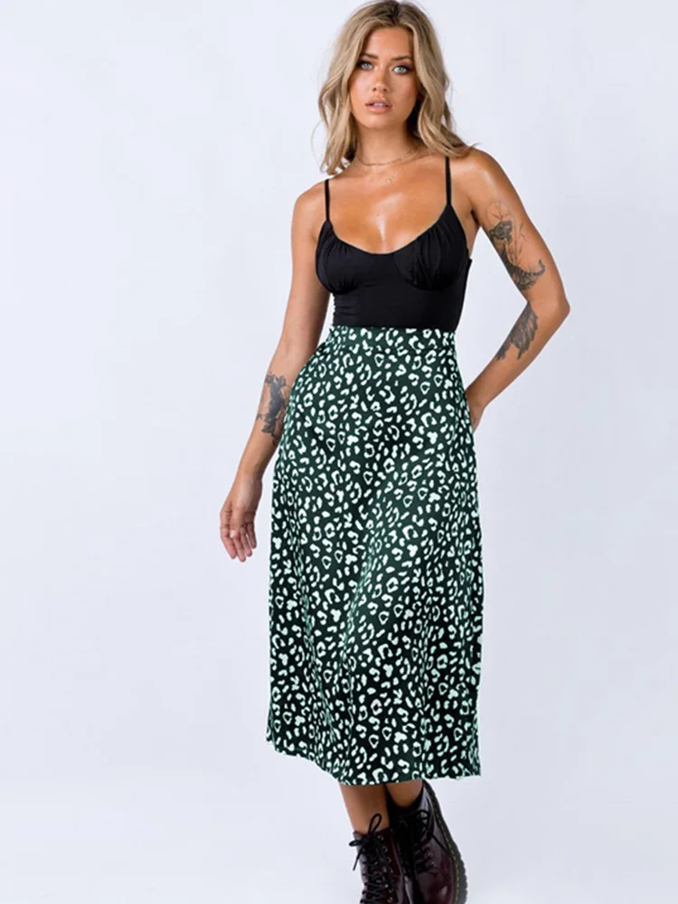 2024 New Sexy Leopard Print Chiffon Split Skirt Casual Fashion Long Skirts for Women Spring Summer Zip Elegant Female Skirt