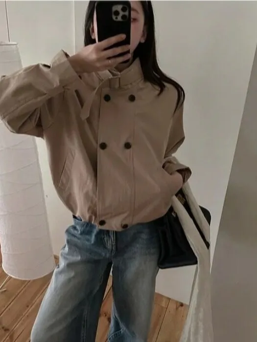 Korean Style Fashion Short Jacket Double Row Buttons Small Stand Collar Belted Polyester Fiber Women's Autumn Outerwear