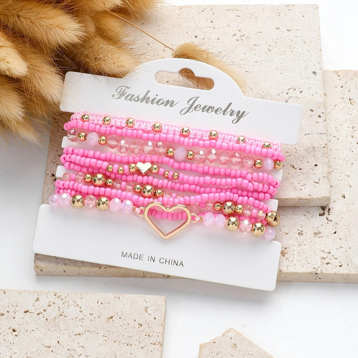 10Pcs/Set Bohemian Handmade Rice Beads Heart-Shaped Bracelets Set For Women Jewlery Accessories ﻿