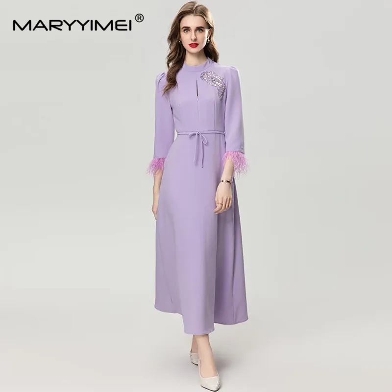 MARYYIMEI Fashion Women\'s New Vintage Three Quarter Sleeved Feather Fringed Beaded Sequin Lace-Up Office Lady Elegant MIDI Dress