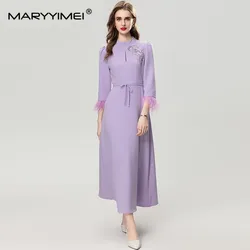 MARYYIMEI Fashion Women's New Vintage Three Quarter Sleeved Feather Fringed Beaded Sequin Lace-Up Office Lady Elegant MIDI Dress